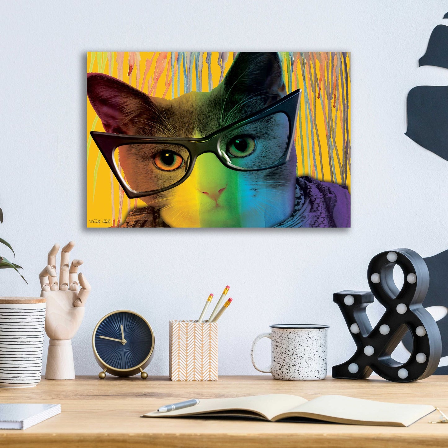 Epic Art 'Cat in Glasses' by Cindy Jacobs, Acrylic Glass Wall Art,16x12