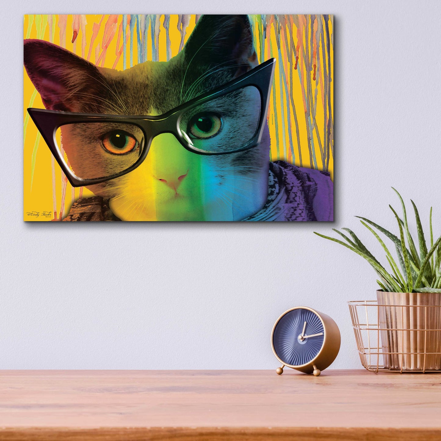 Epic Art 'Cat in Glasses' by Cindy Jacobs, Acrylic Glass Wall Art,16x12