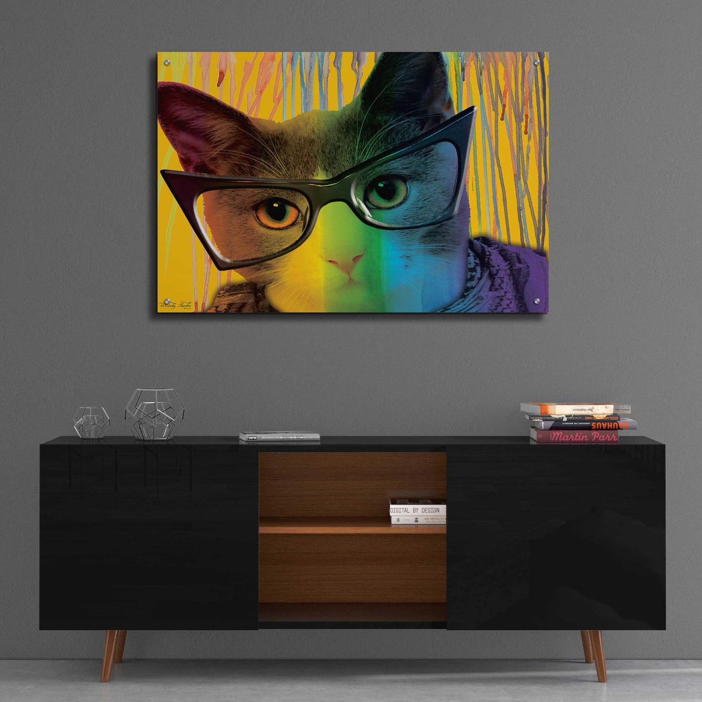 Epic Art 'Cat in Glasses' by Cindy Jacobs, Acrylic Glass Wall Art,36x24