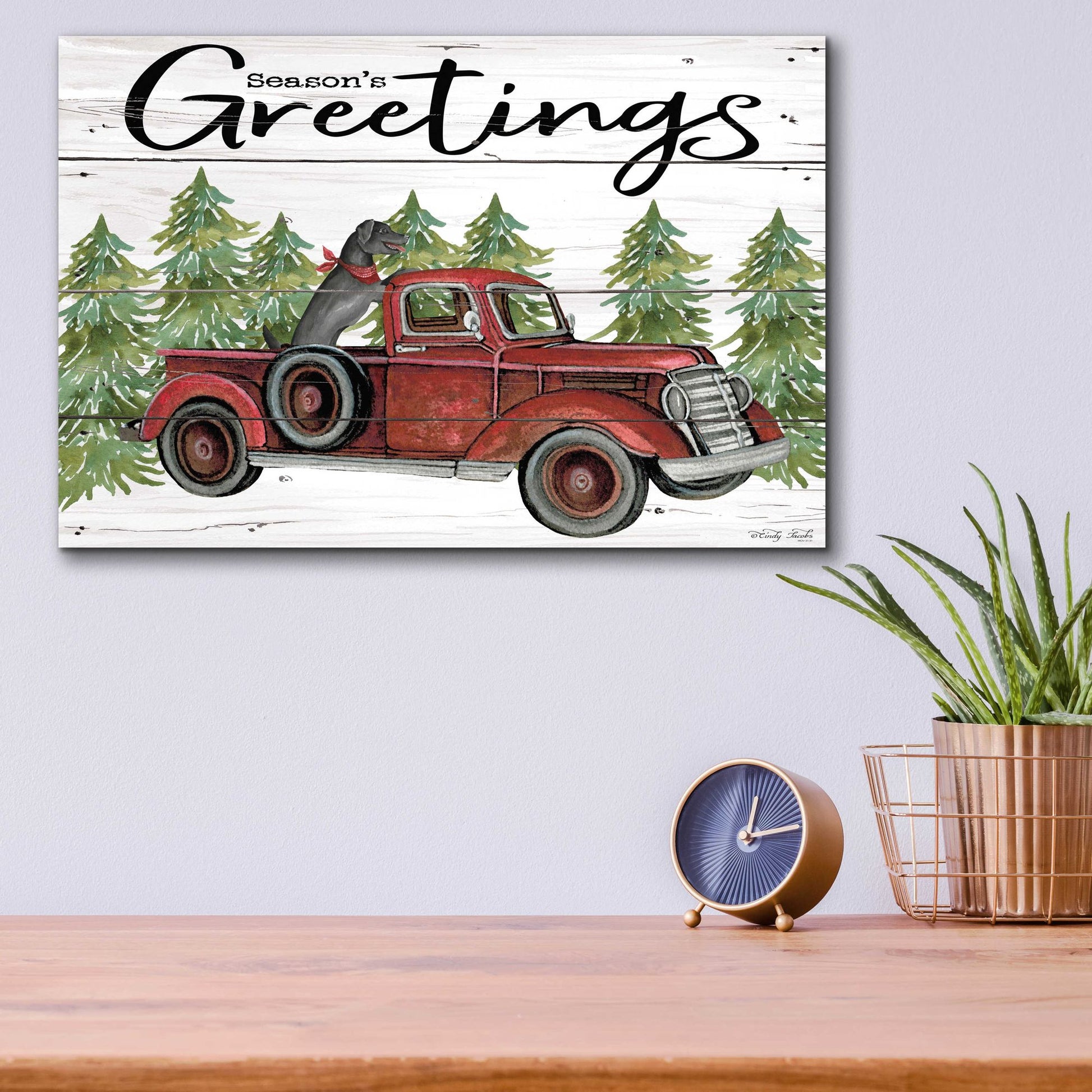 Epic Art 'Season's Greetings Red Truck' by Cindy Jacobs, Acrylic Glass Wall Art,16x12