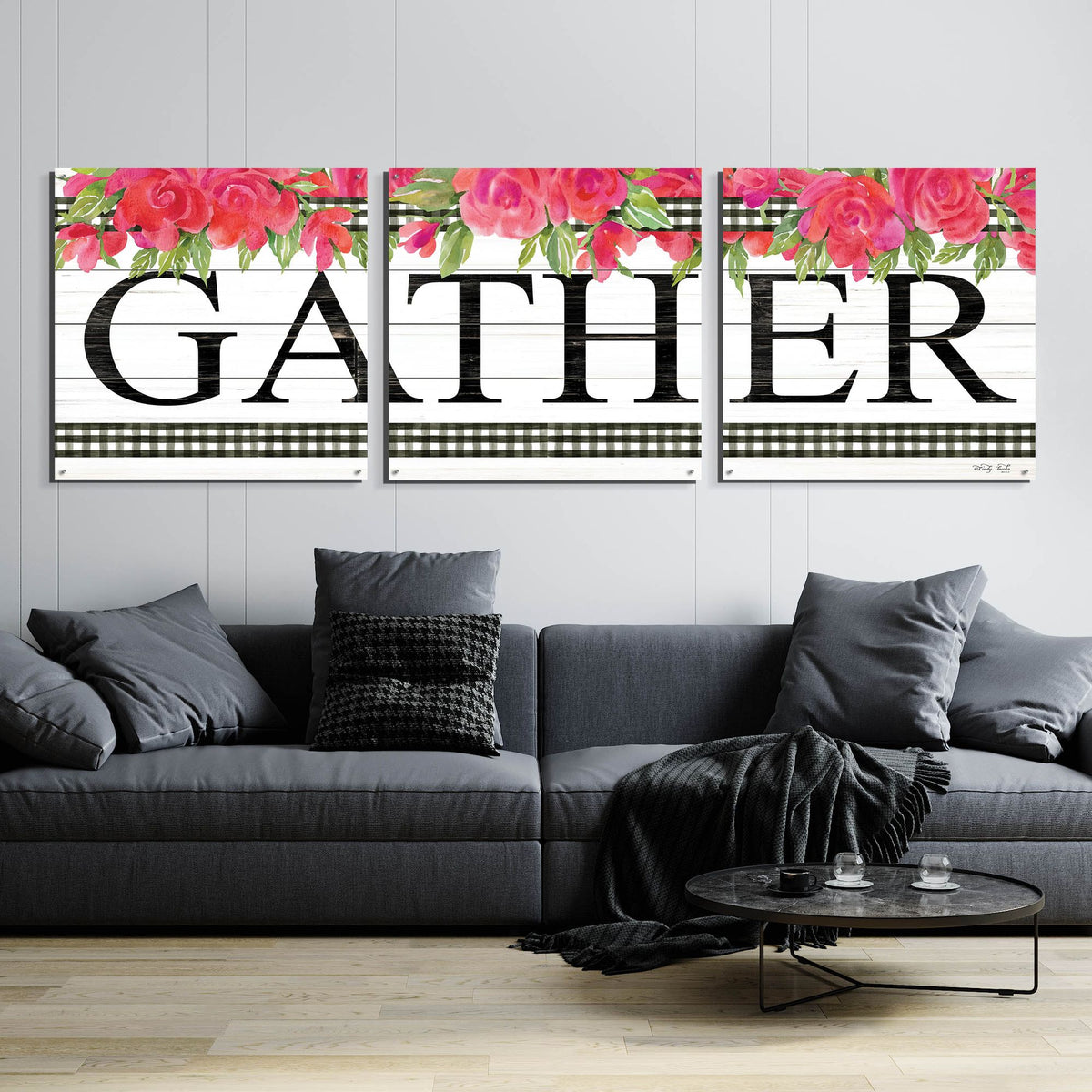 Epic Art 'Fuchsia Gather' by Cindy Jacobs, Acrylic Glass Wall Art, 3 Piece Set,108x36