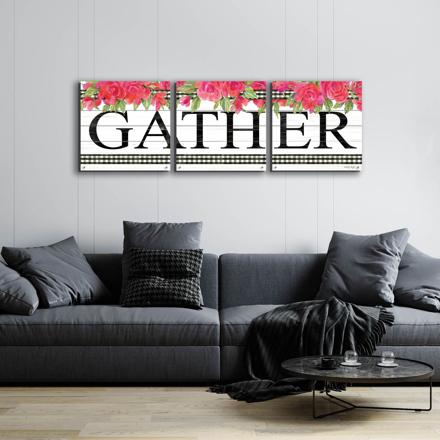 Epic Art 'Fuchsia Gather' by Cindy Jacobs, Acrylic Glass Wall Art, 3 Piece Set,72x24