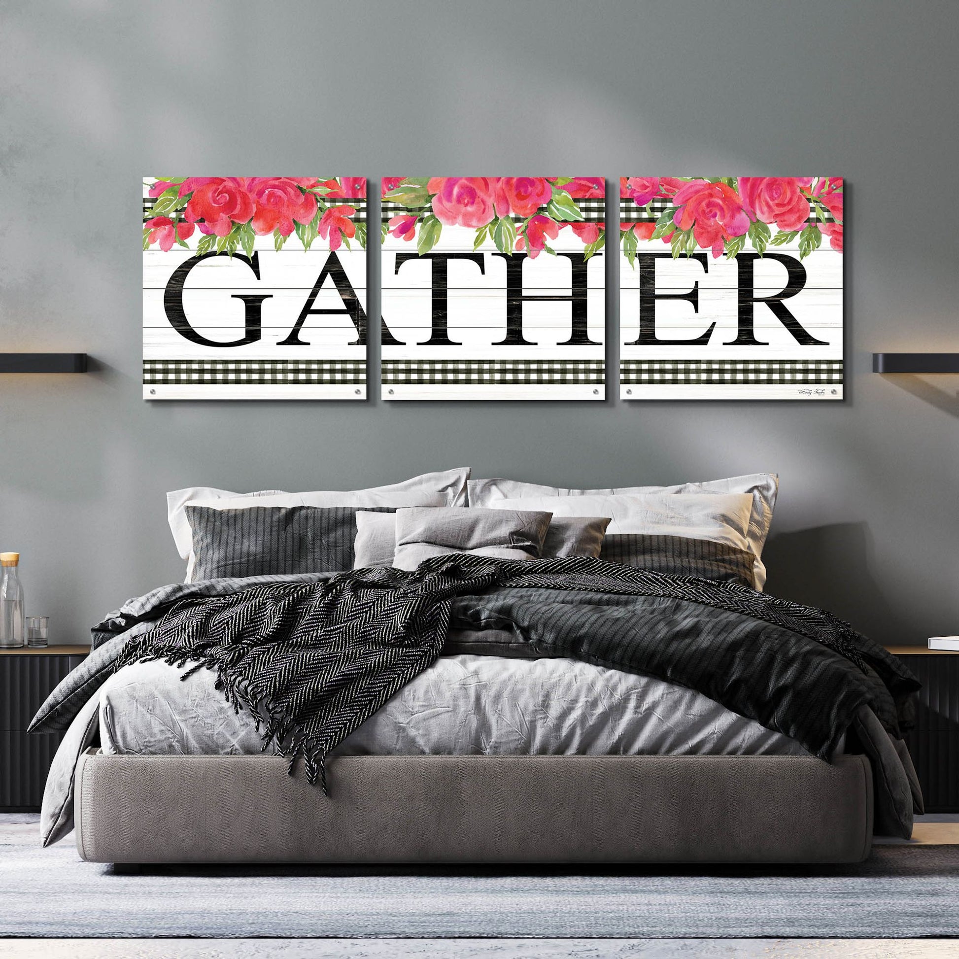 Epic Art 'Fuchsia Gather' by Cindy Jacobs, Acrylic Glass Wall Art, 3 Piece Set,72x24