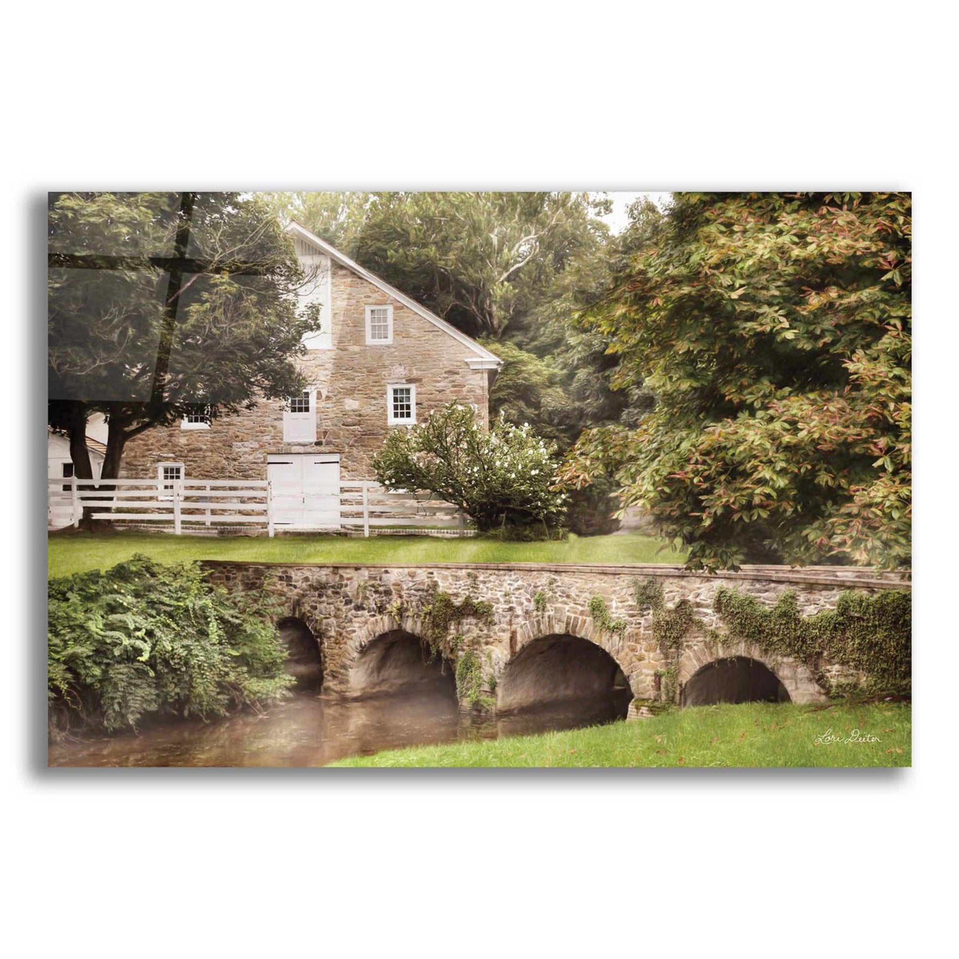 Epic Art 'Old Stone Barn and Bridge' by Lori Deiter, Acrylic Glass Wall Art,24x16