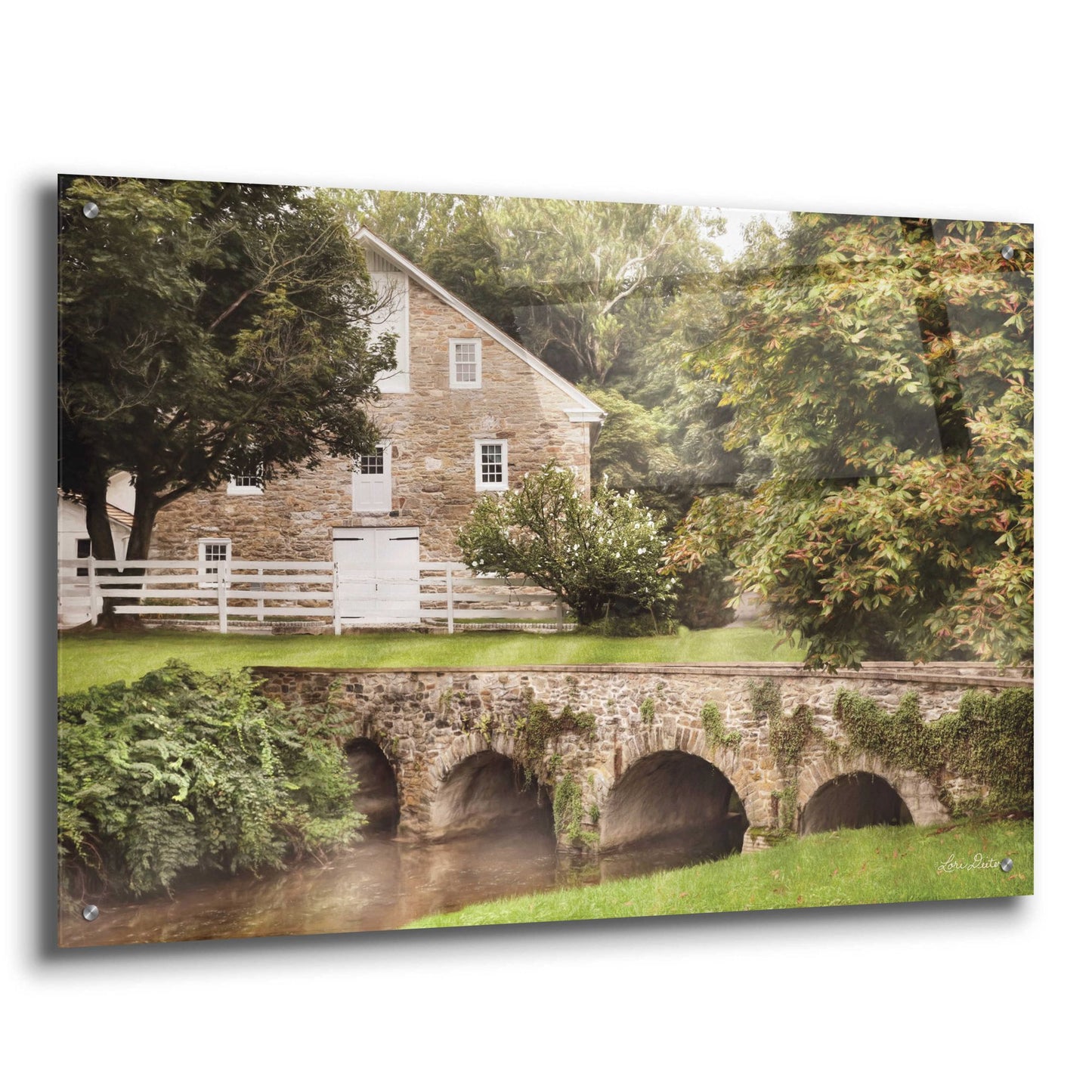 Epic Art 'Old Stone Barn and Bridge' by Lori Deiter, Acrylic Glass Wall Art,36x24