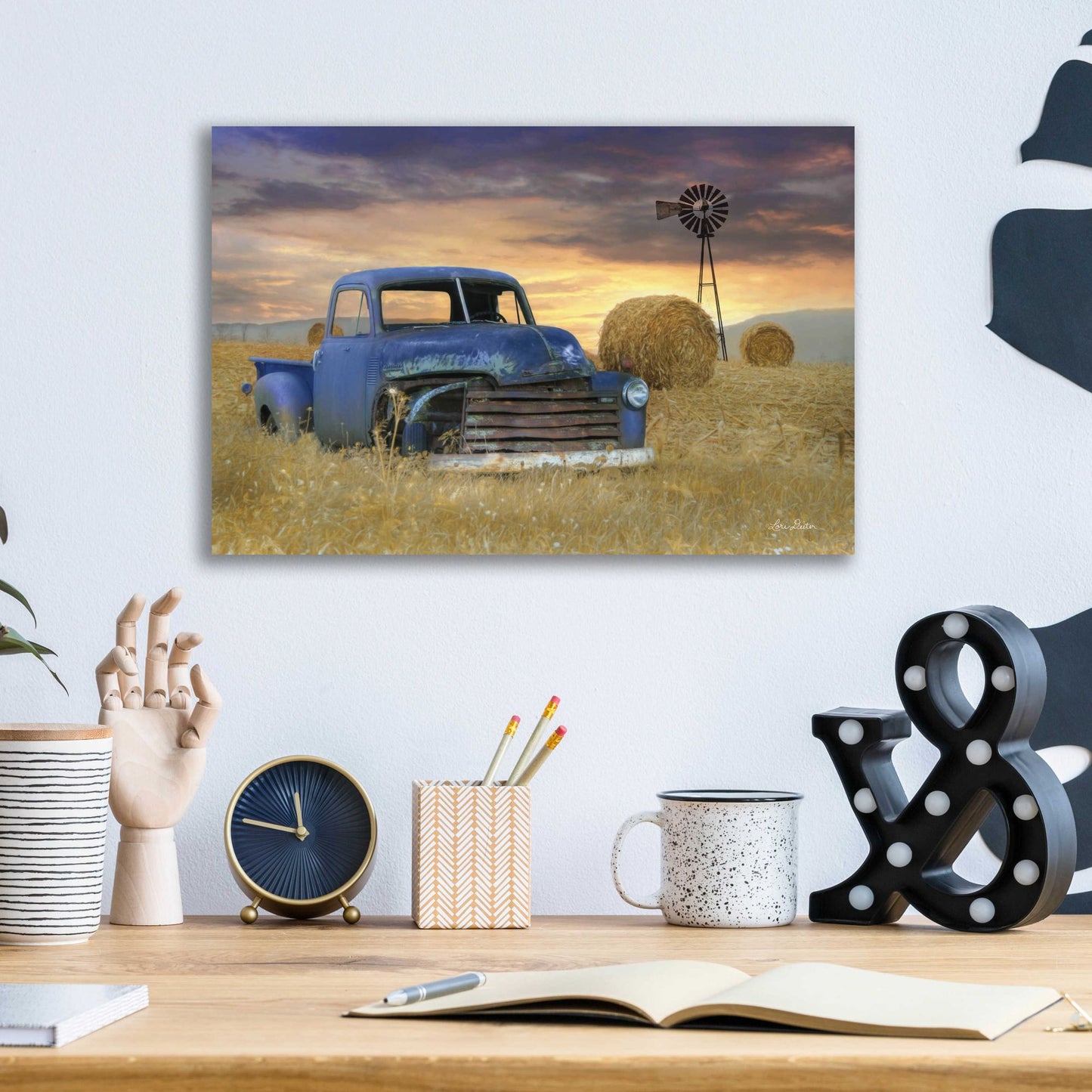 Epic Art 'Old Chevy with Windmill' by Lori Deiter, Acrylic Glass Wall Art,16x12