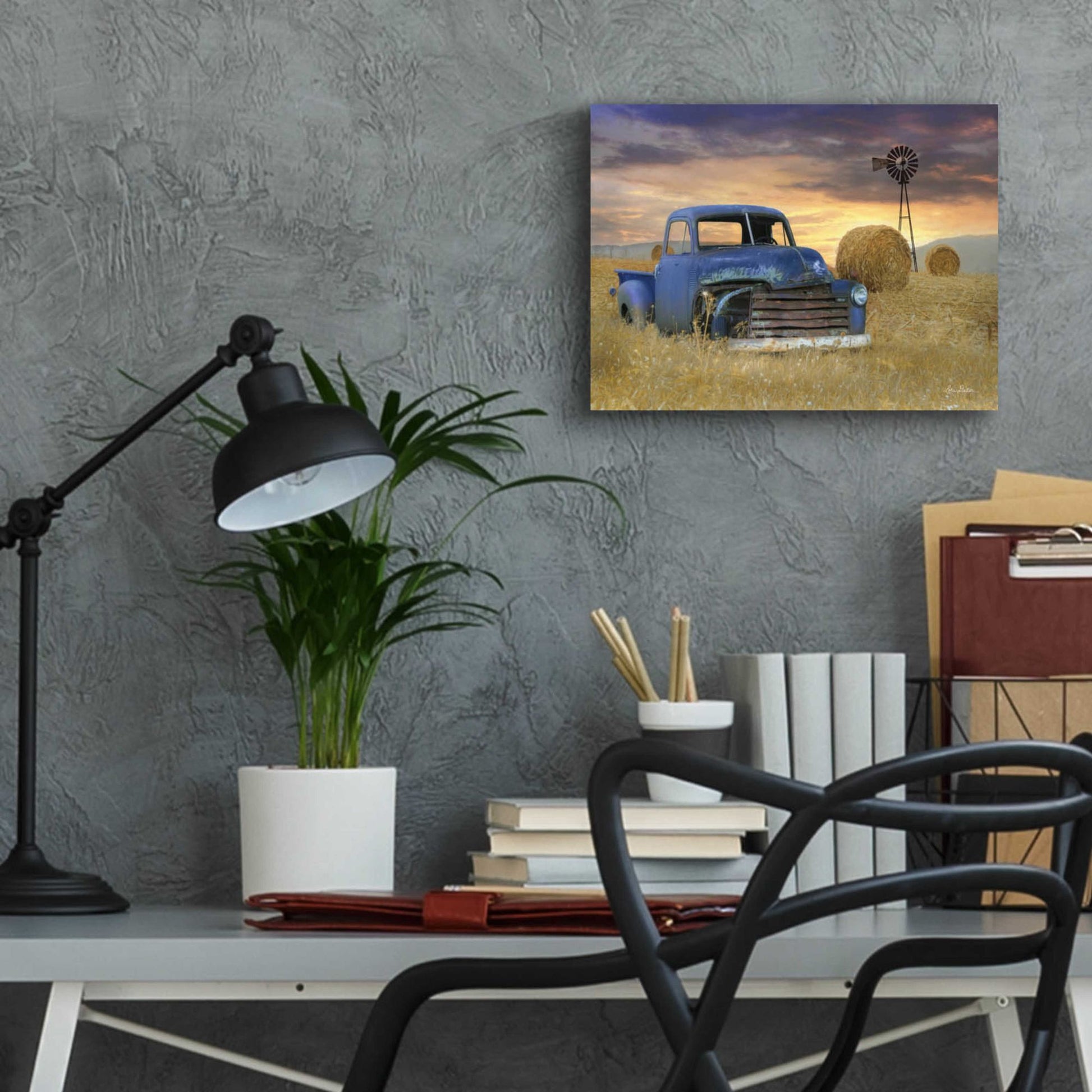 Epic Art 'Old Chevy with Windmill' by Lori Deiter, Acrylic Glass Wall Art,16x12