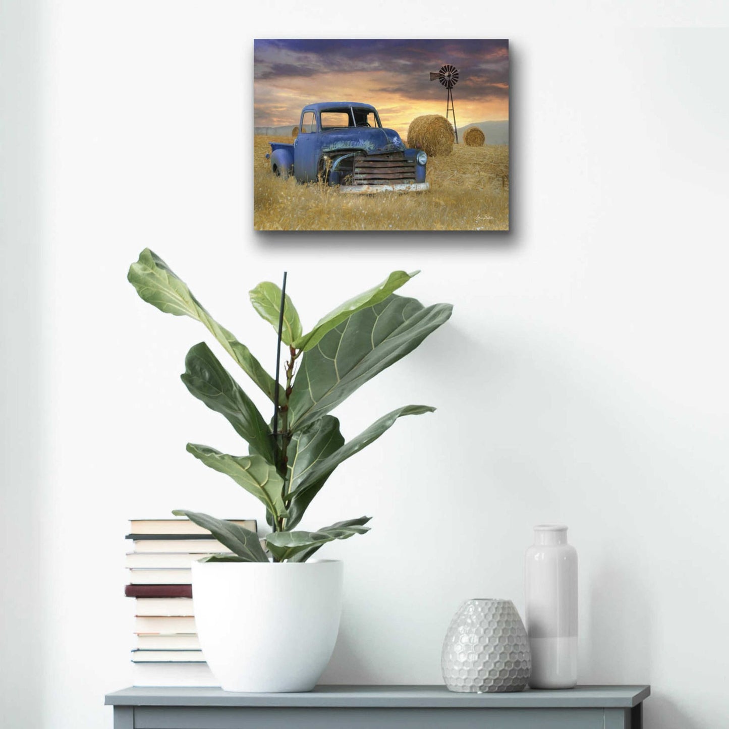 Epic Art 'Old Chevy with Windmill' by Lori Deiter, Acrylic Glass Wall Art,16x12