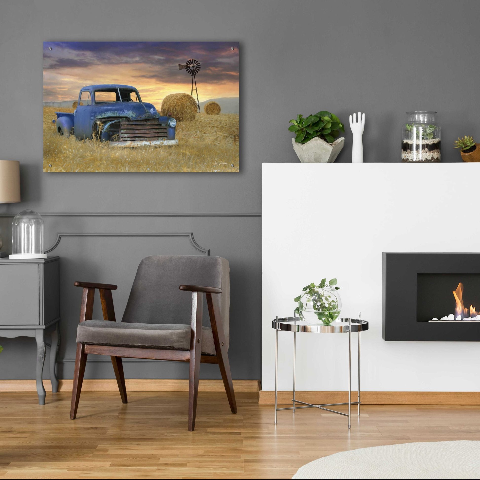 Epic Art 'Old Chevy with Windmill' by Lori Deiter, Acrylic Glass Wall Art,36x24