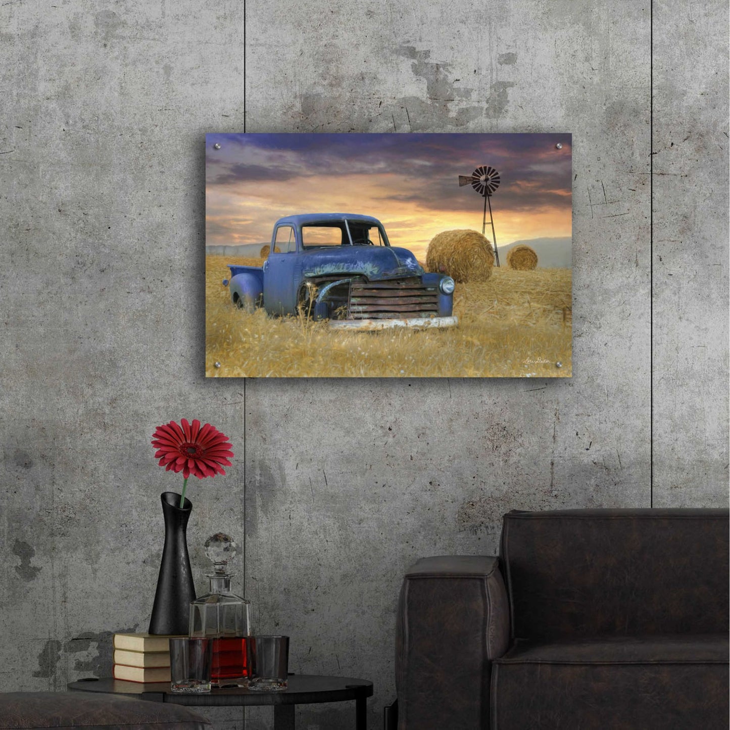 Epic Art 'Old Chevy with Windmill' by Lori Deiter, Acrylic Glass Wall Art,36x24