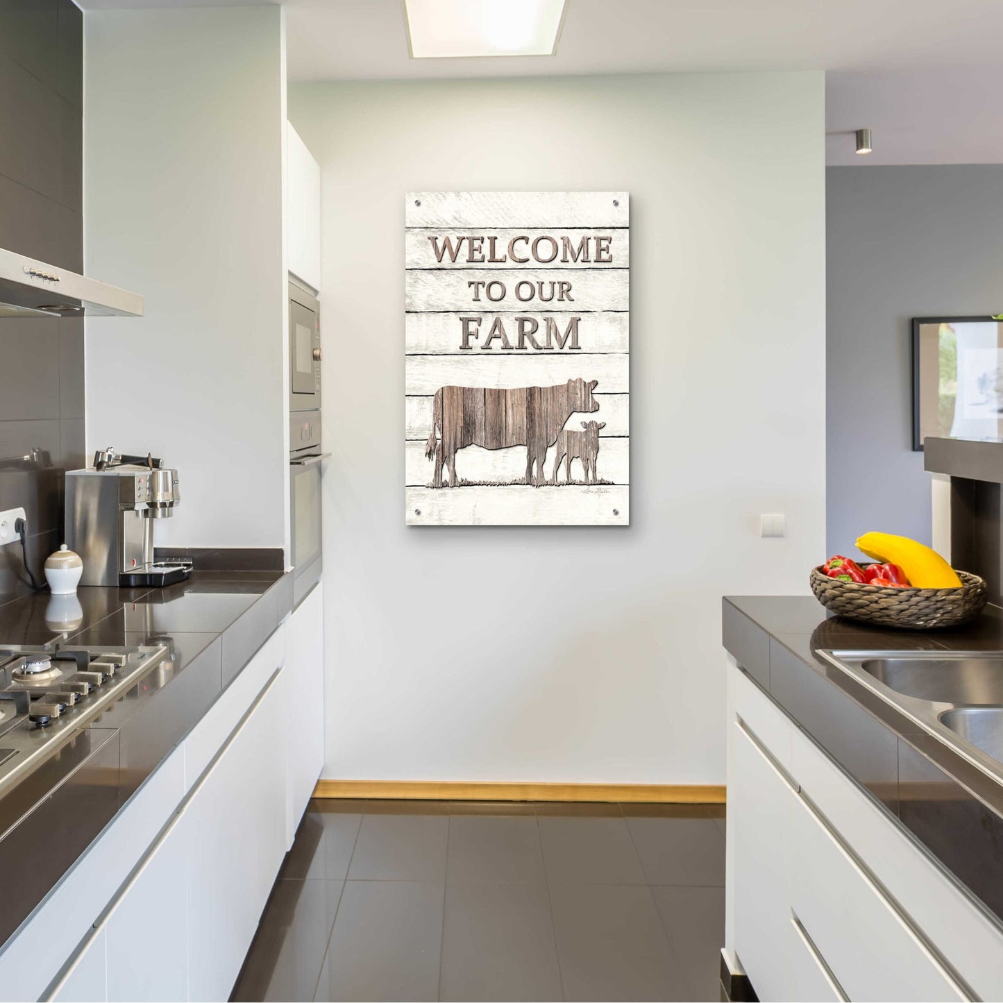 Epic Art 'Cow Welcome to Our Farm' by Lori Deiter Acrylic Glass Wall Art,24x36