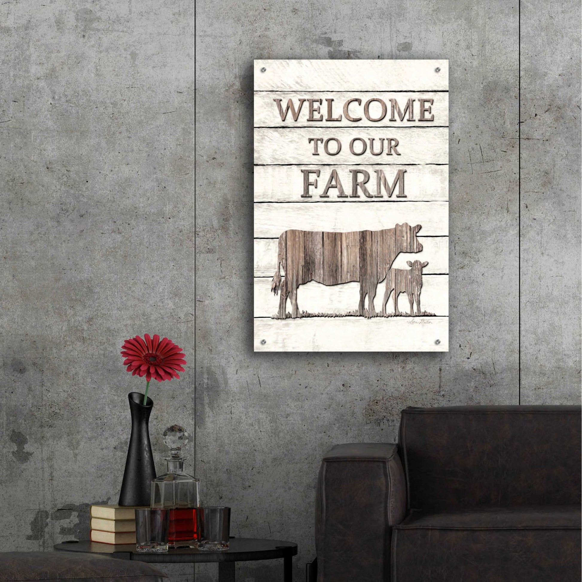 Epic Art 'Cow Welcome to Our Farm' by Lori Deiter Acrylic Glass Wall Art,24x36