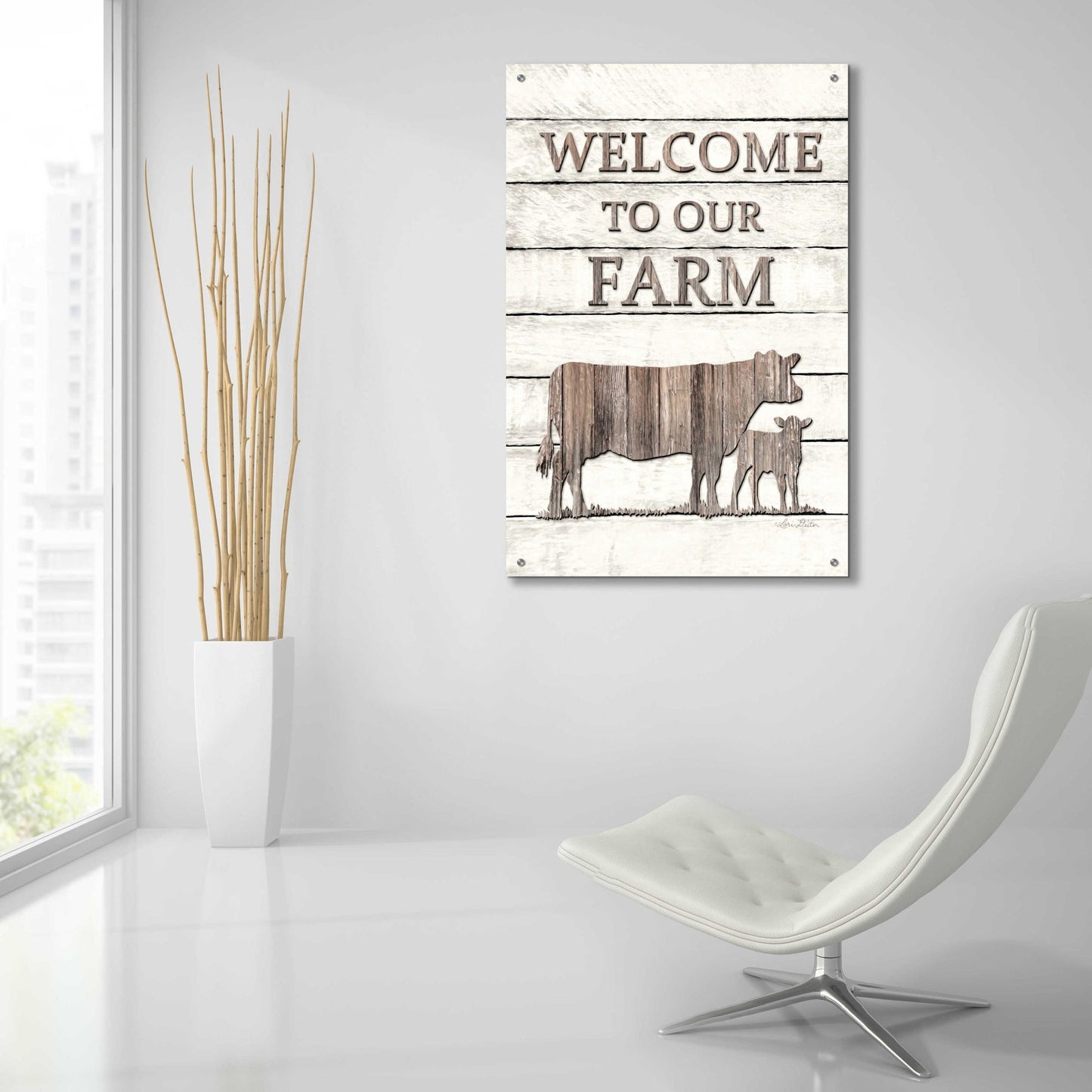 Epic Art 'Cow Welcome to Our Farm' by Lori Deiter Acrylic Glass Wall Art,24x36