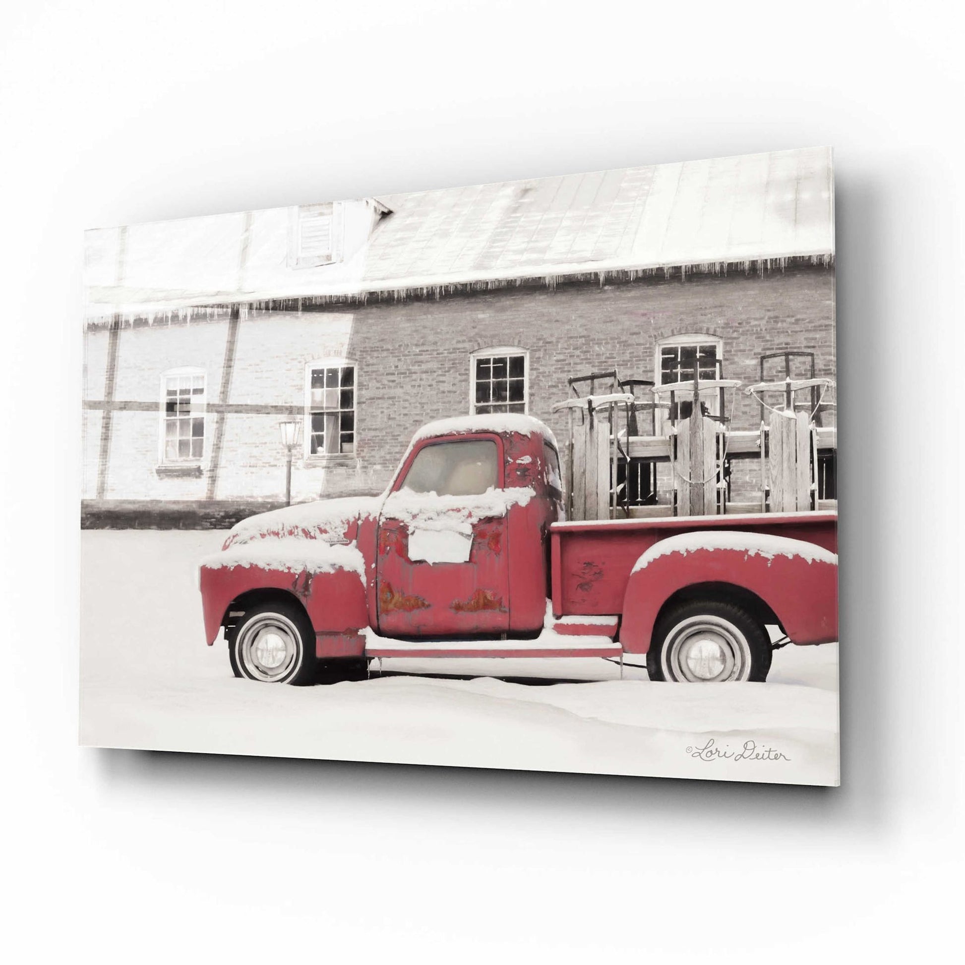 Epic Art 'Old Sled Works Red Truck' by Lori Deiter Acrylic Glass Wall Art,16x12