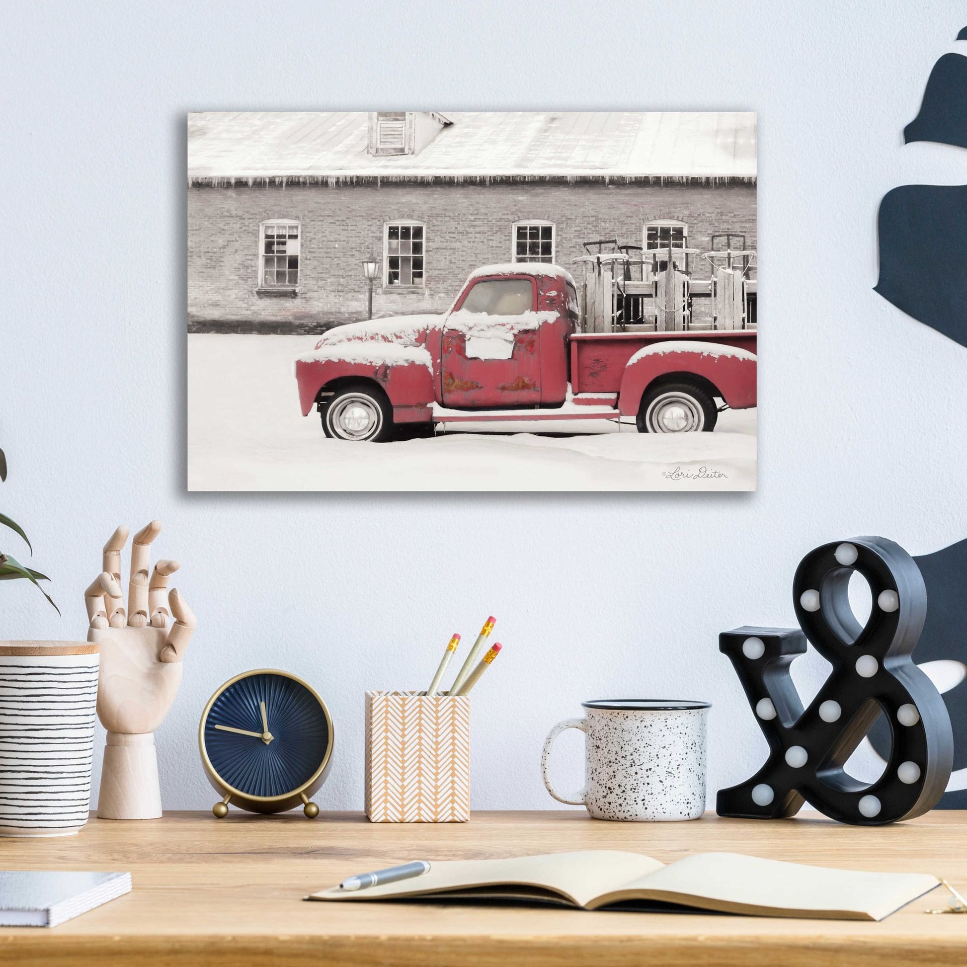 Epic Art 'Old Sled Works Red Truck' by Lori Deiter Acrylic Glass Wall Art,16x12