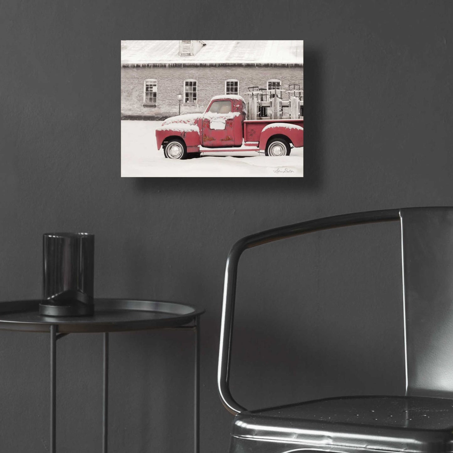 Epic Art 'Old Sled Works Red Truck' by Lori Deiter Acrylic Glass Wall Art,16x12