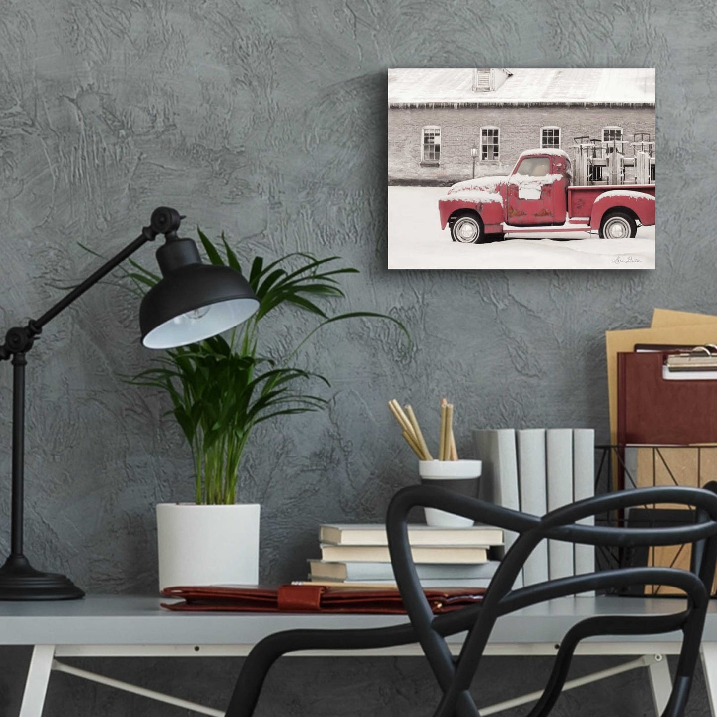 Epic Art 'Old Sled Works Red Truck' by Lori Deiter Acrylic Glass Wall Art,16x12