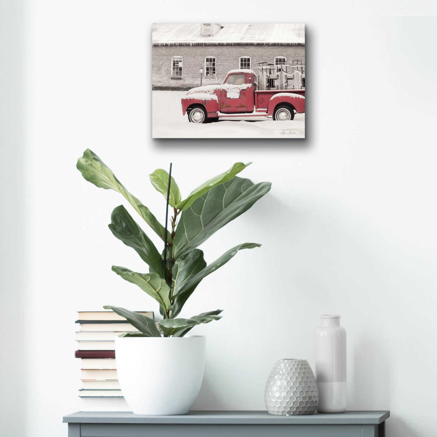 Epic Art 'Old Sled Works Red Truck' by Lori Deiter Acrylic Glass Wall Art,16x12