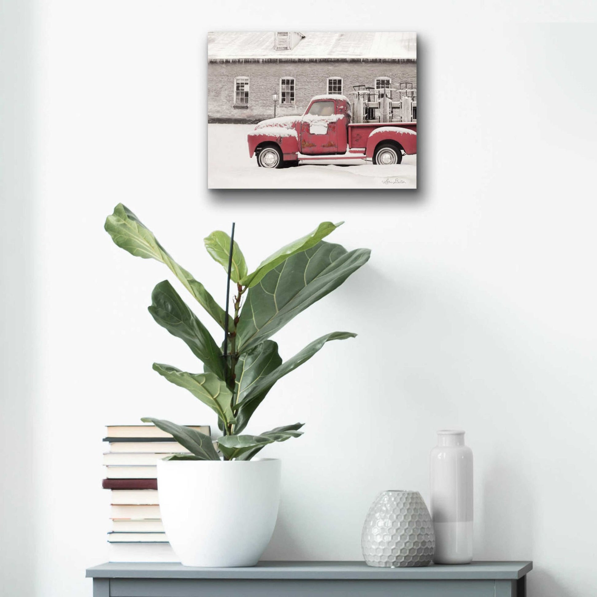 Epic Art 'Old Sled Works Red Truck' by Lori Deiter Acrylic Glass Wall Art,16x12