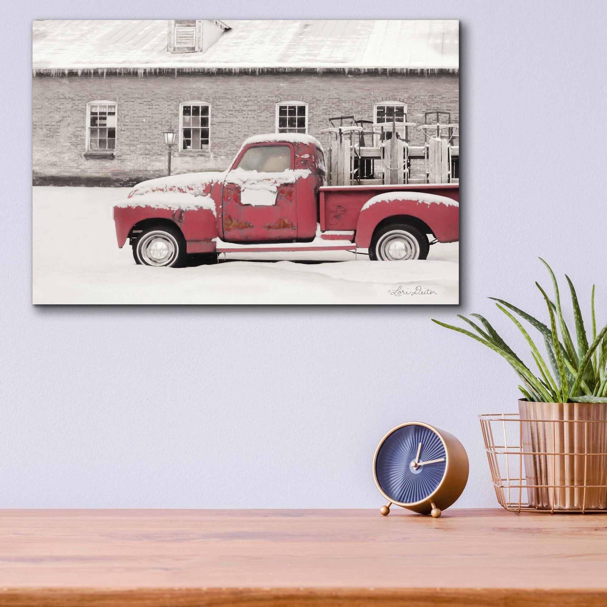 Epic Art 'Old Sled Works Red Truck' by Lori Deiter Acrylic Glass Wall Art,16x12