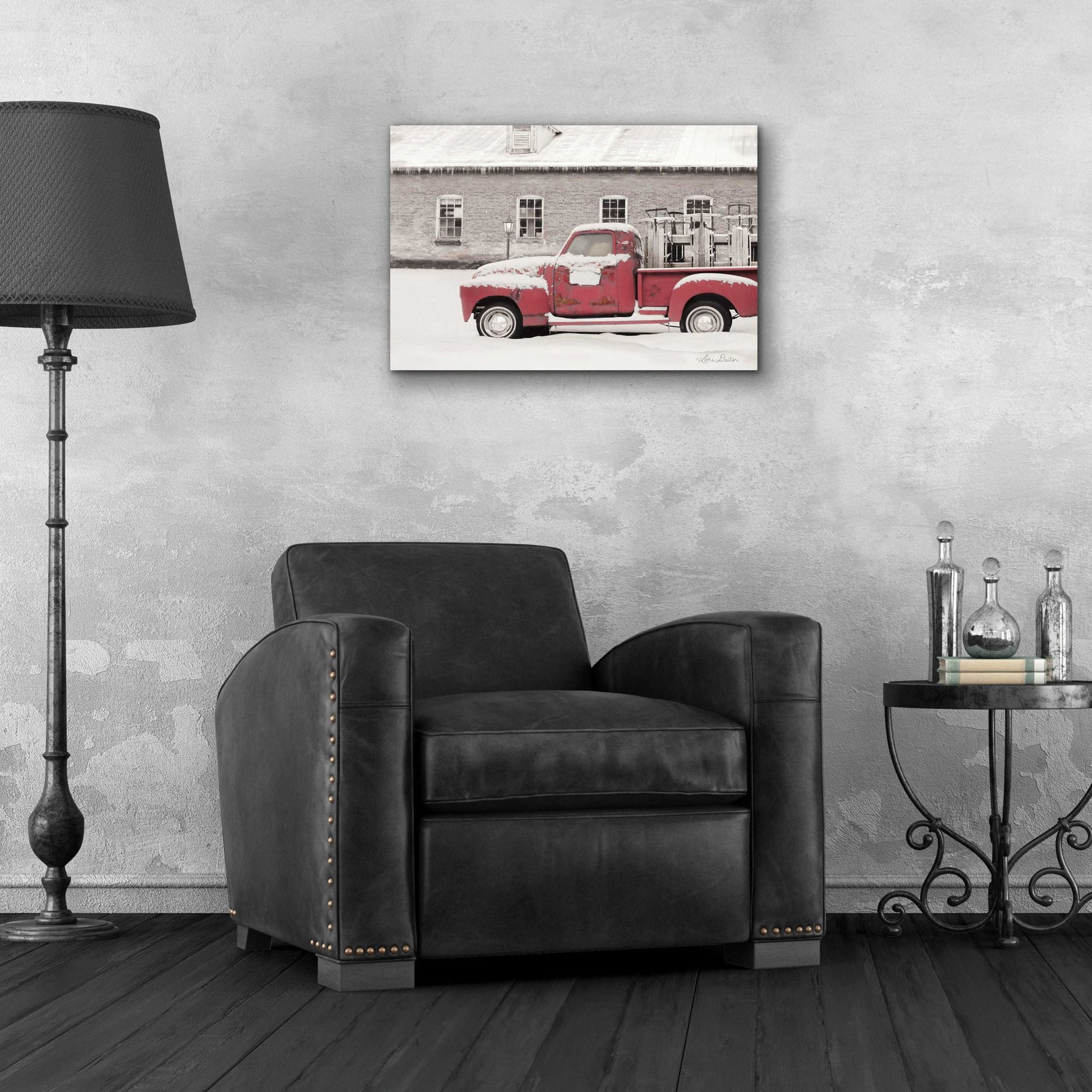 Epic Art 'Old Sled Works Red Truck' by Lori Deiter Acrylic Glass Wall Art,24x16