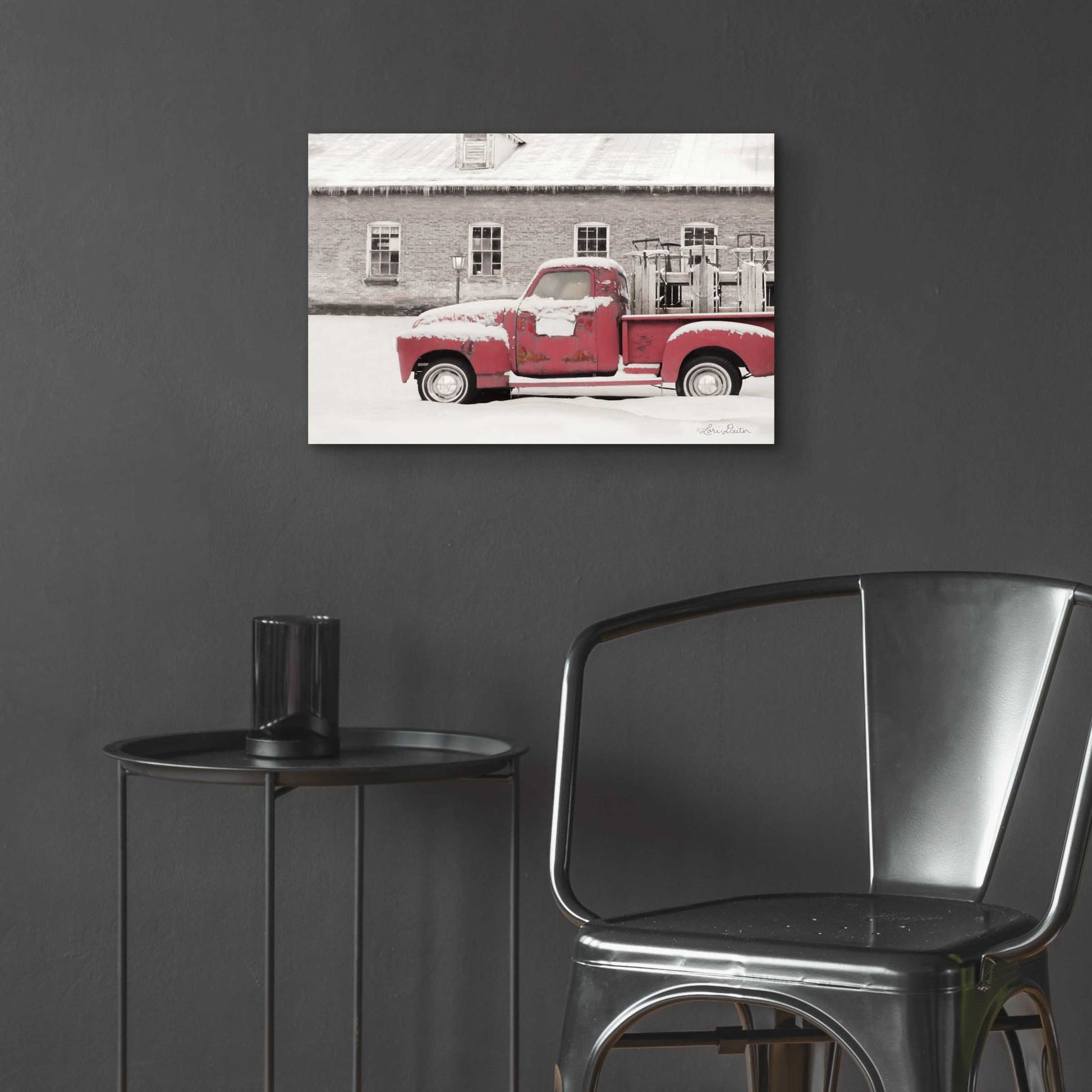 Epic Art 'Old Sled Works Red Truck' by Lori Deiter Acrylic Glass Wall Art,24x16