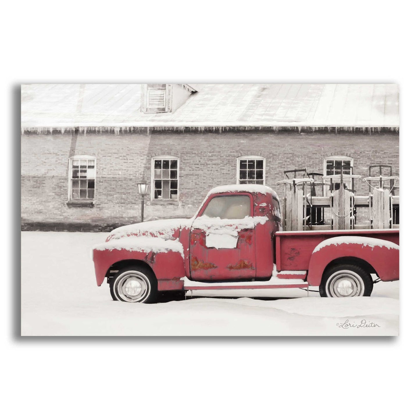 Epic Art 'Old Sled Works Red Truck' by Lori Deiter Acrylic Glass Wall Art,24x16