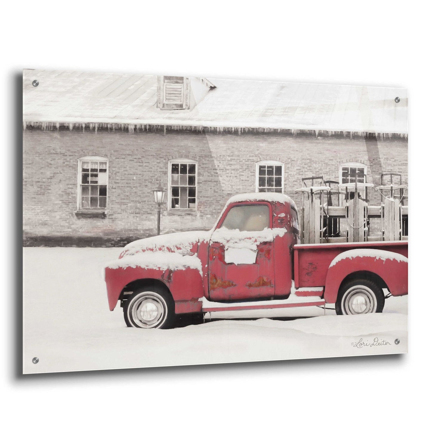 Epic Art 'Old Sled Works Red Truck' by Lori Deiter Acrylic Glass Wall Art,36x24