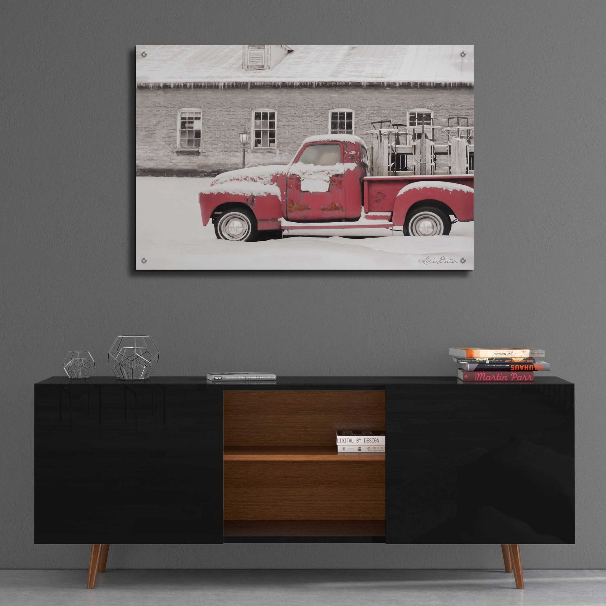 Epic Art 'Old Sled Works Red Truck' by Lori Deiter Acrylic Glass Wall Art,36x24