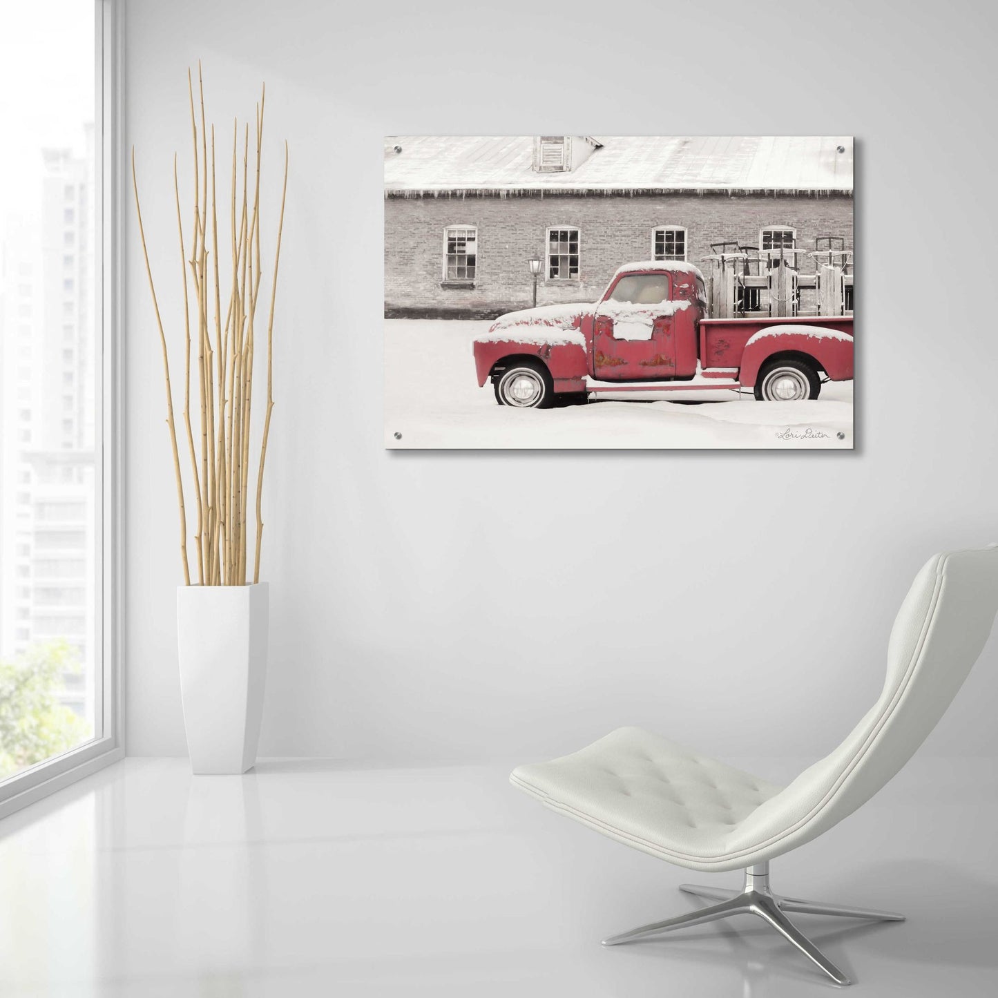 Epic Art 'Old Sled Works Red Truck' by Lori Deiter Acrylic Glass Wall Art,36x24