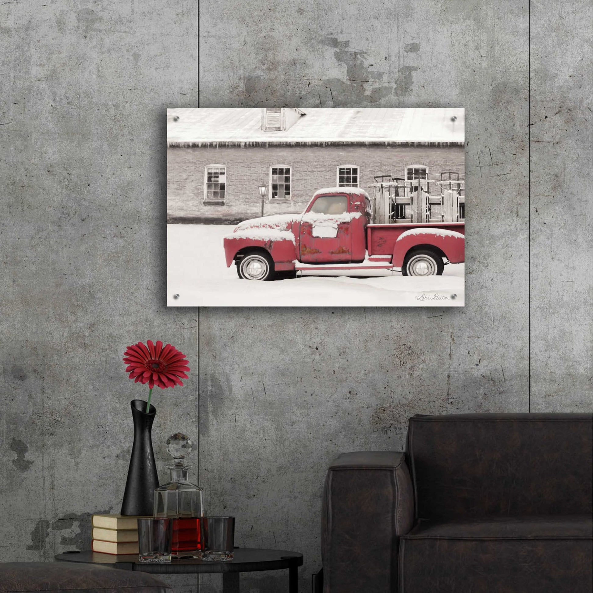 Epic Art 'Old Sled Works Red Truck' by Lori Deiter Acrylic Glass Wall Art,36x24