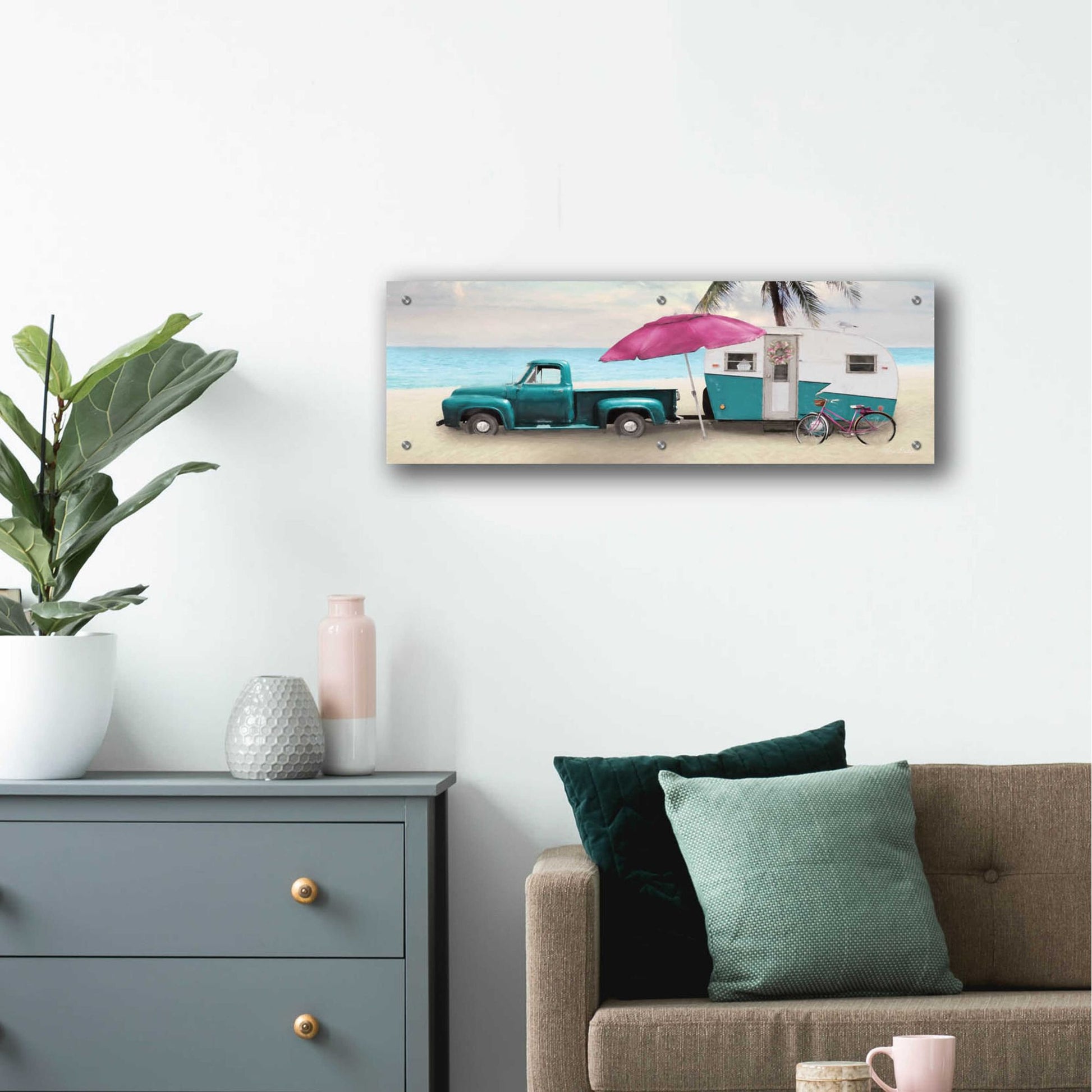 Epic Art 'Beach Camping with Bike' by Lori Deiter Acrylic Glass Wall Art,36x12