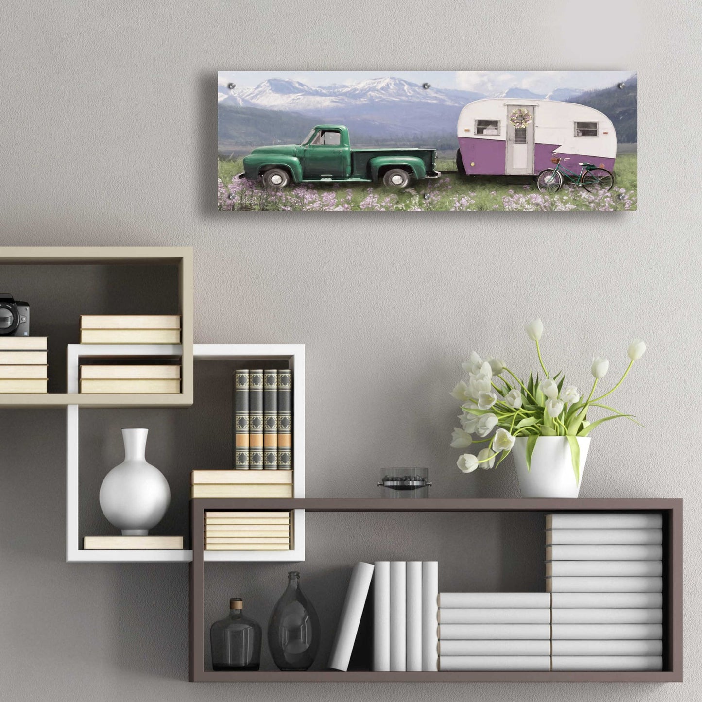 Epic Art 'Spring Camping with Bike' by Lori Deiter Acrylic Glass Wall Art,36x12