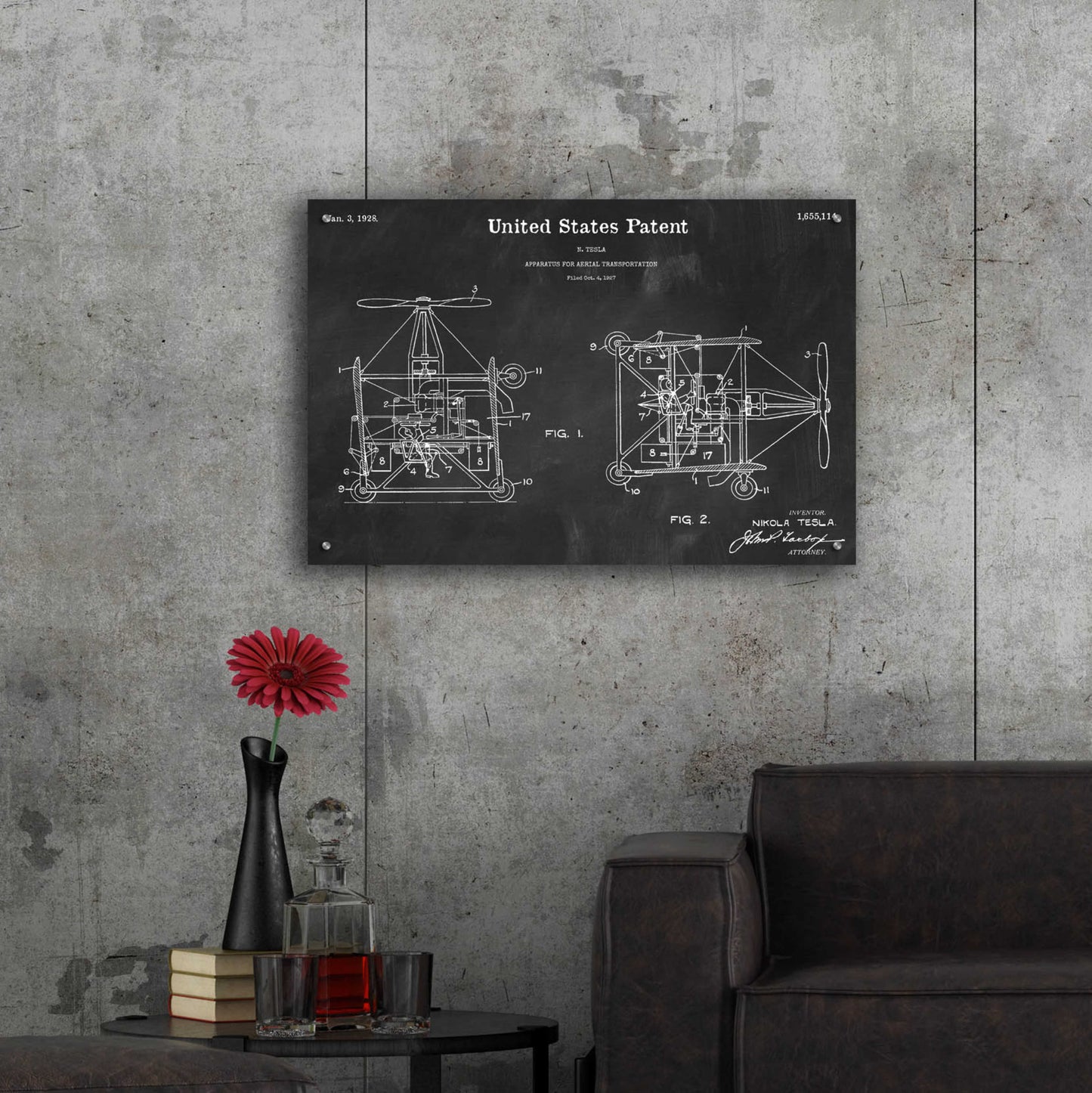 Epic Art 'Tesla Aerial Apparatus Blueprint Patent Chalkboard,' Acrylic Glass Wall Art,36x24