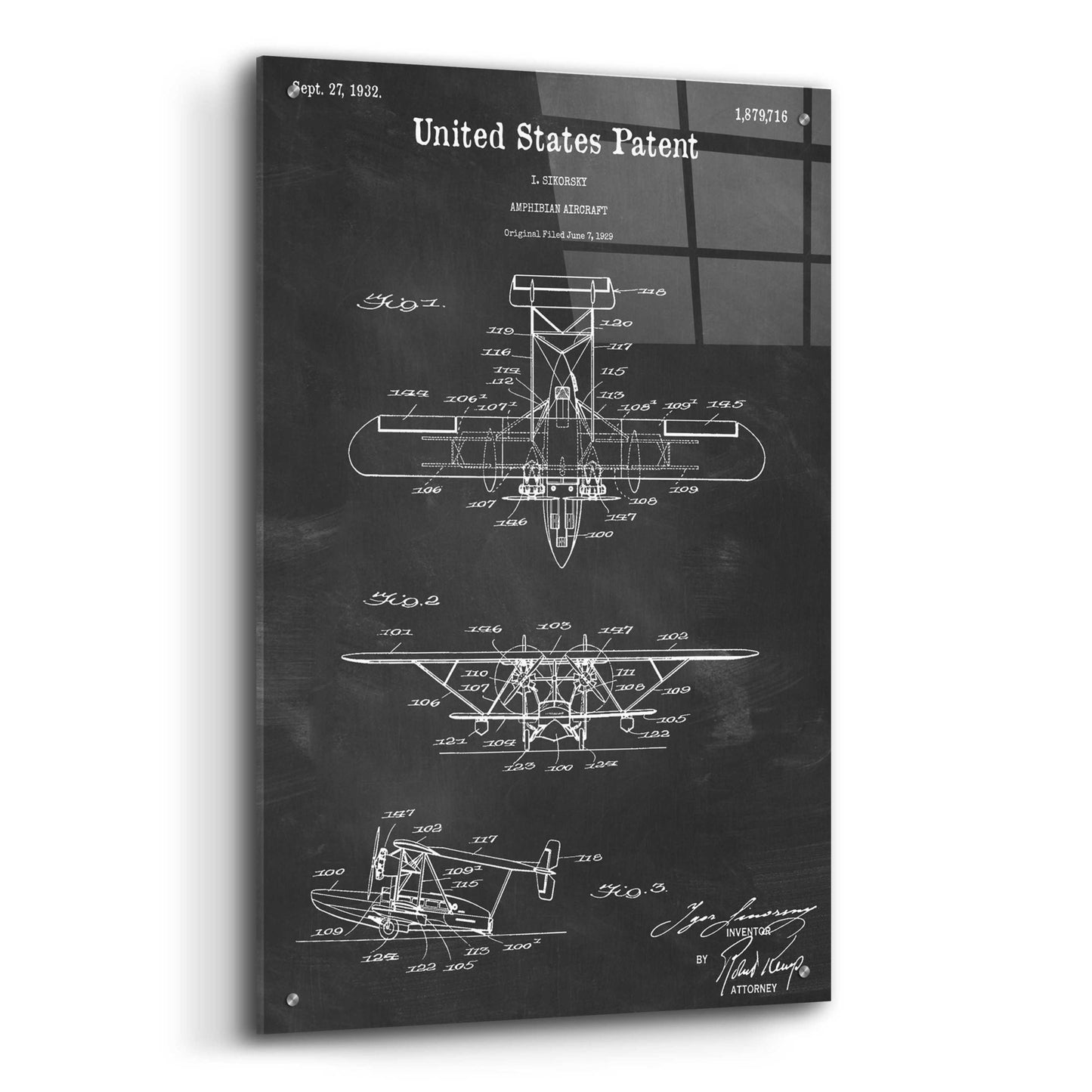 Epic Art 'Amphibian Aircraft Blueprint Patent Chalkboard,' Acrylic Glass Wall Art,24x36