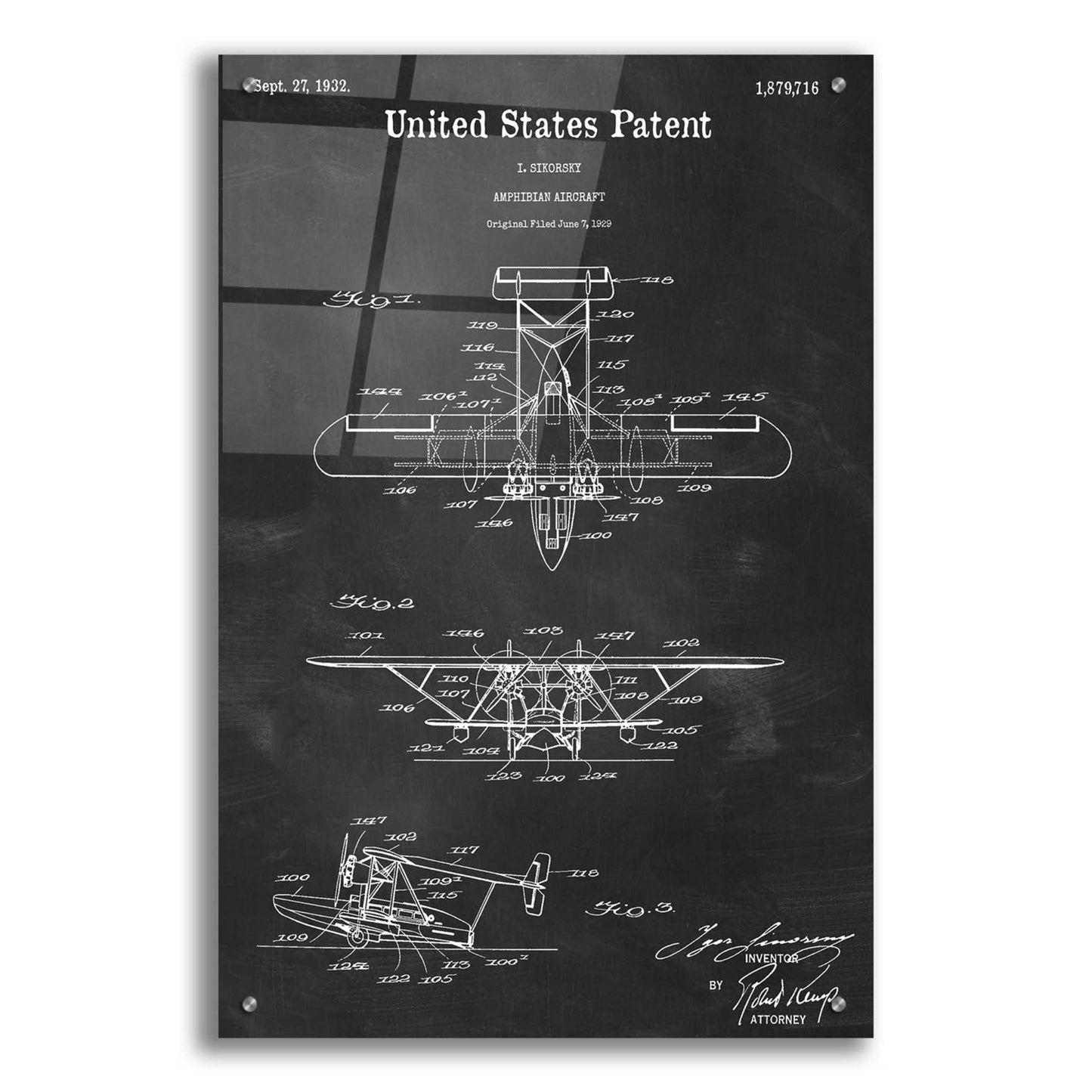 Epic Art 'Amphibian Aircraft Blueprint Patent Chalkboard,' Acrylic Glass Wall Art,24x36