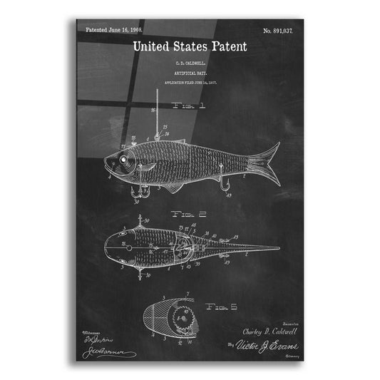 Epic Art 'Fish Bait Blueprint Patent Chalkboard,' Acrylic Glass Wall Art,12x16x1.1x0,18x26x1.1x0,26x34x1.74x0,40x54x1.74x0