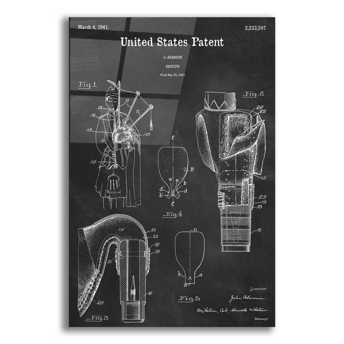 Epic Art 'Bagpipe Blueprint Patent Chalkboard,' Acrylic Glass Wall Art,16x24