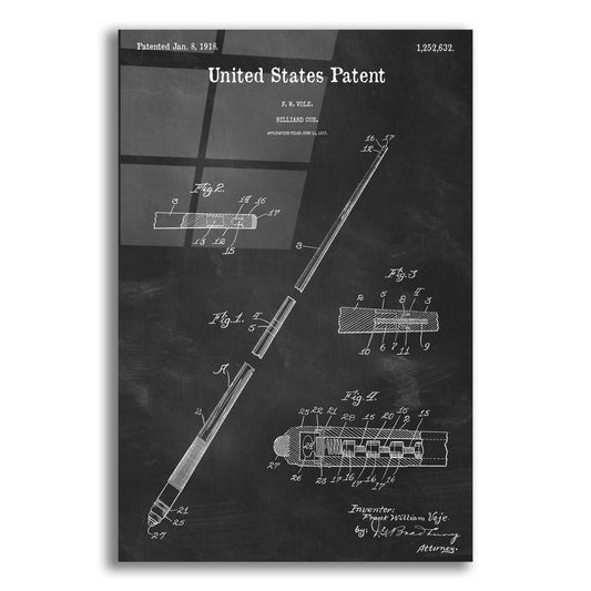 Epic Art 'Billard Cue Blueprint Patent Chalkboard,' Acrylic Glass Wall Art,12x16x1.1x0,18x26x1.1x0,26x34x1.74x0,40x54x1.74x0