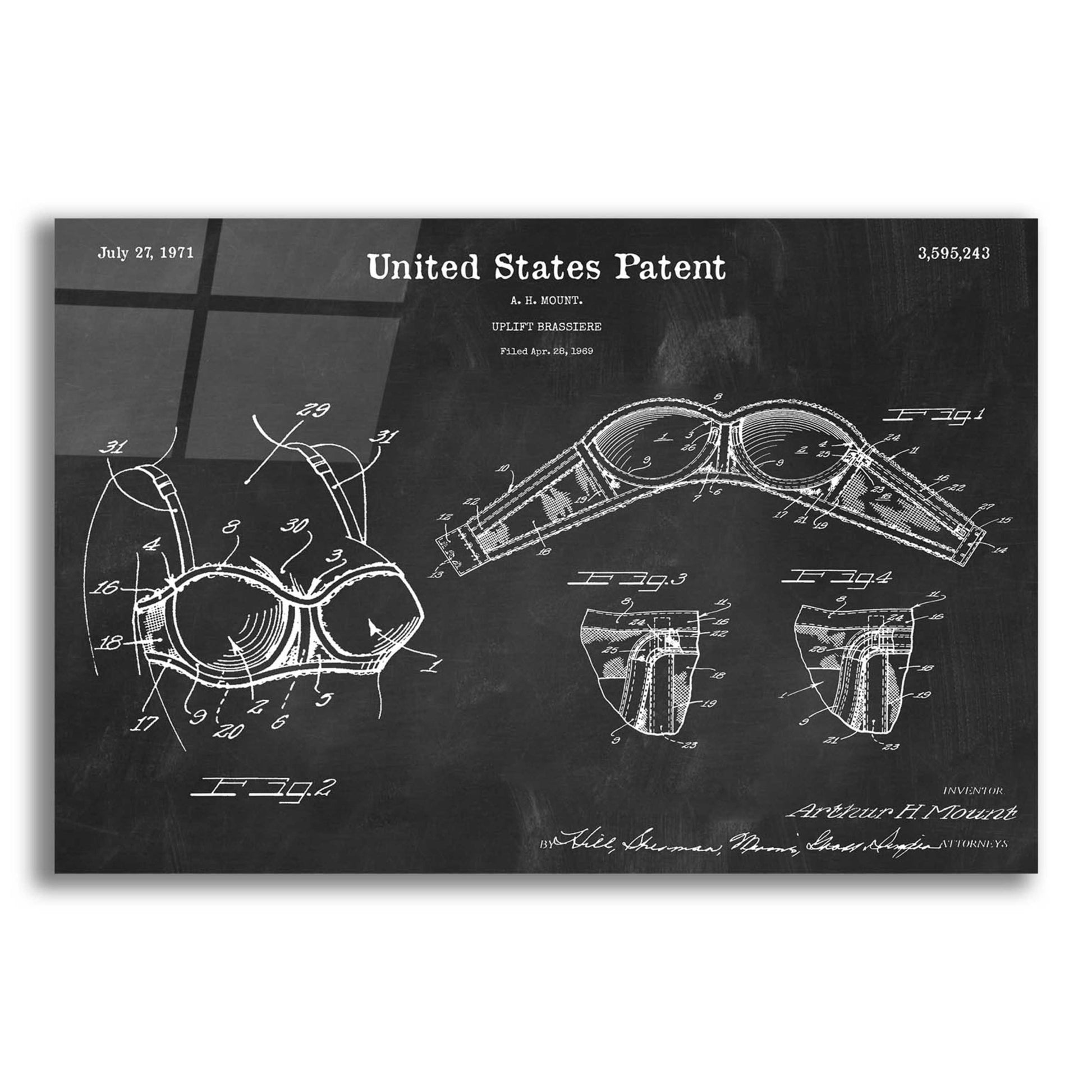 Epic Art 'Push-up Bra Blueprint Patent Chalkboard,' Acrylic Glass Wall Art,16x12x1.1x0,26x18x1.1x0,34x26x1.74x0,54x40x1.74x0