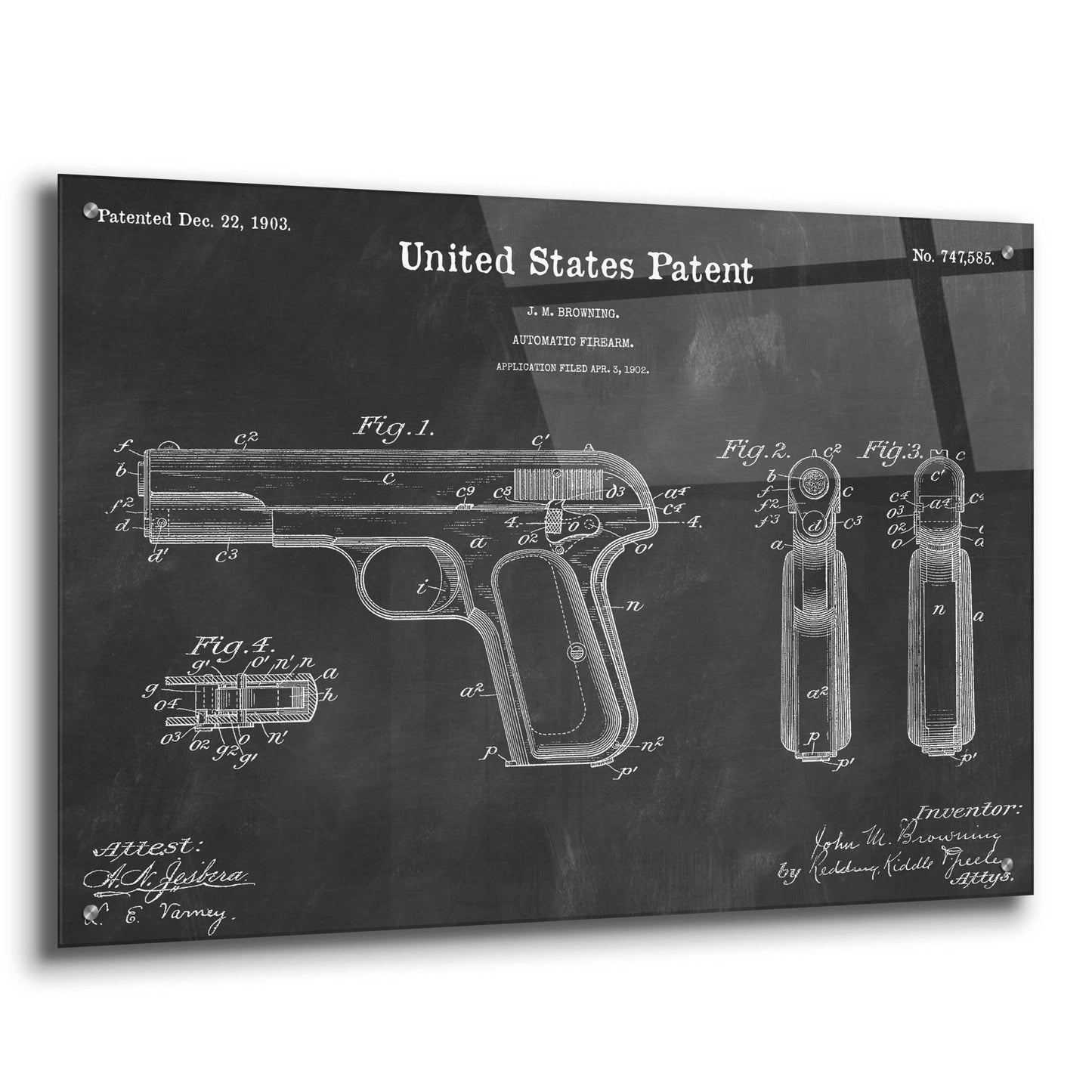 Epic Art 'Pistol Blueprint Patent Chalkboard,' Acrylic Glass Wall Art,36x24