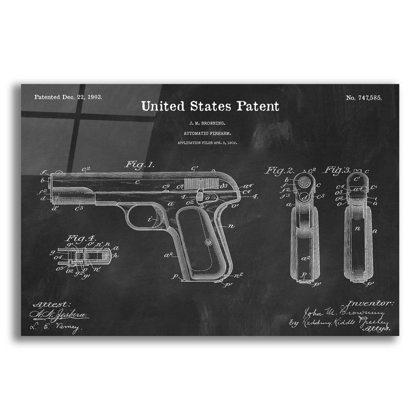 Epic Art 'Pistol Blueprint Patent Chalkboard,' Acrylic Glass Wall Art,16x12x1.1x0,26x18x1.1x0,34x26x1.74x0,54x40x1.74x0
