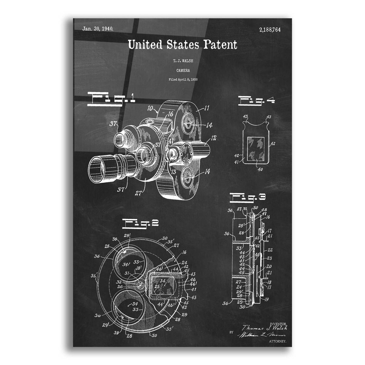 Epic Art 'Film Camera Blueprint Patent Chalkboard,' Acrylic Glass Wall Art,12x16x1.1x0,18x26x1.1x0,26x34x1.74x0,40x54x1.74x0