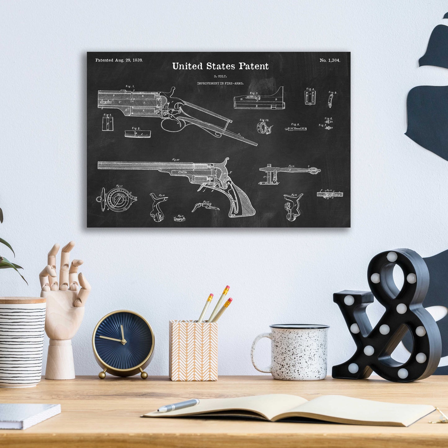 Epic Art 'Colt Revolver Blueprint Patent Chalkboard,' Acrylic Glass Wall Art,16x12