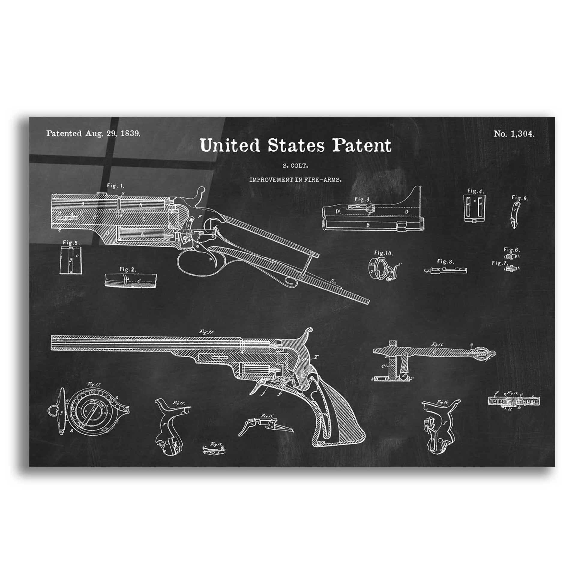 Epic Art 'Colt Revolver Blueprint Patent Chalkboard,' Acrylic Glass Wall Art,16x12