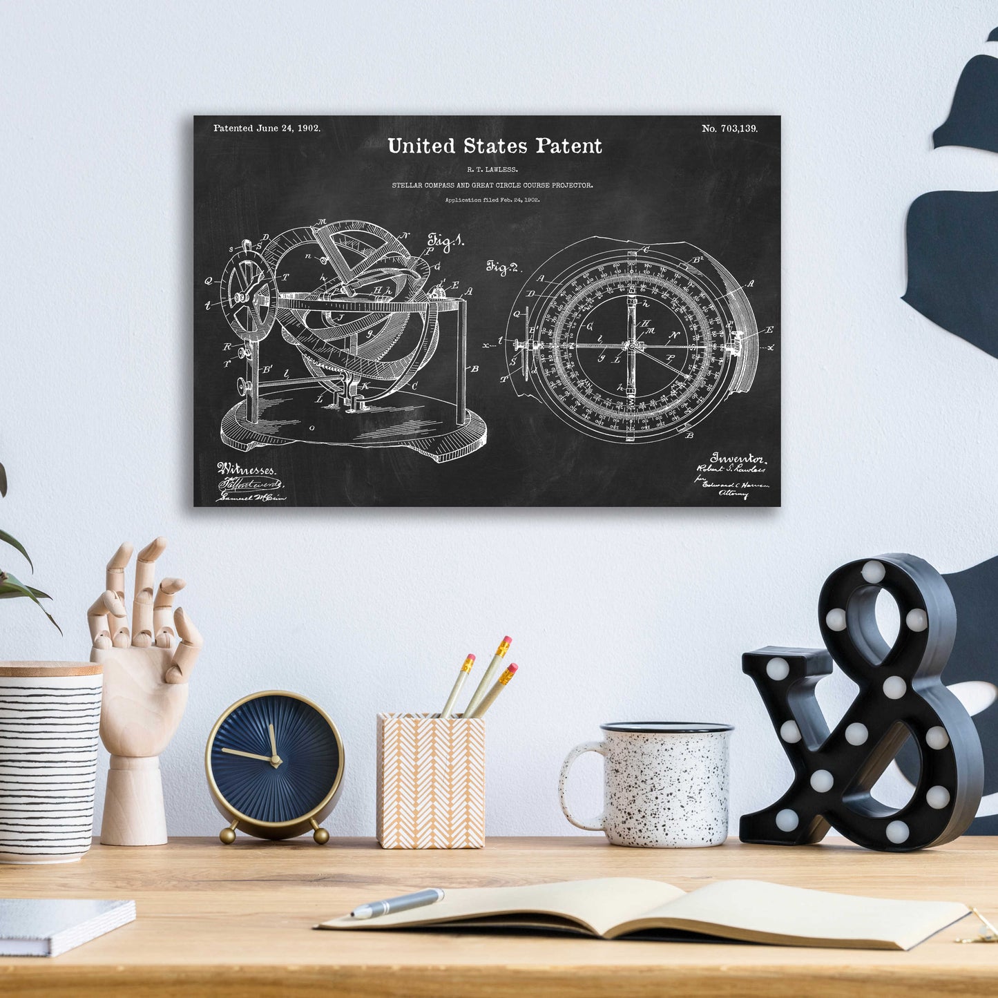 Epic Art 'Stellar Compass Blueprint Patent Chalkboard,' Acrylic Glass Wall Art,16x12