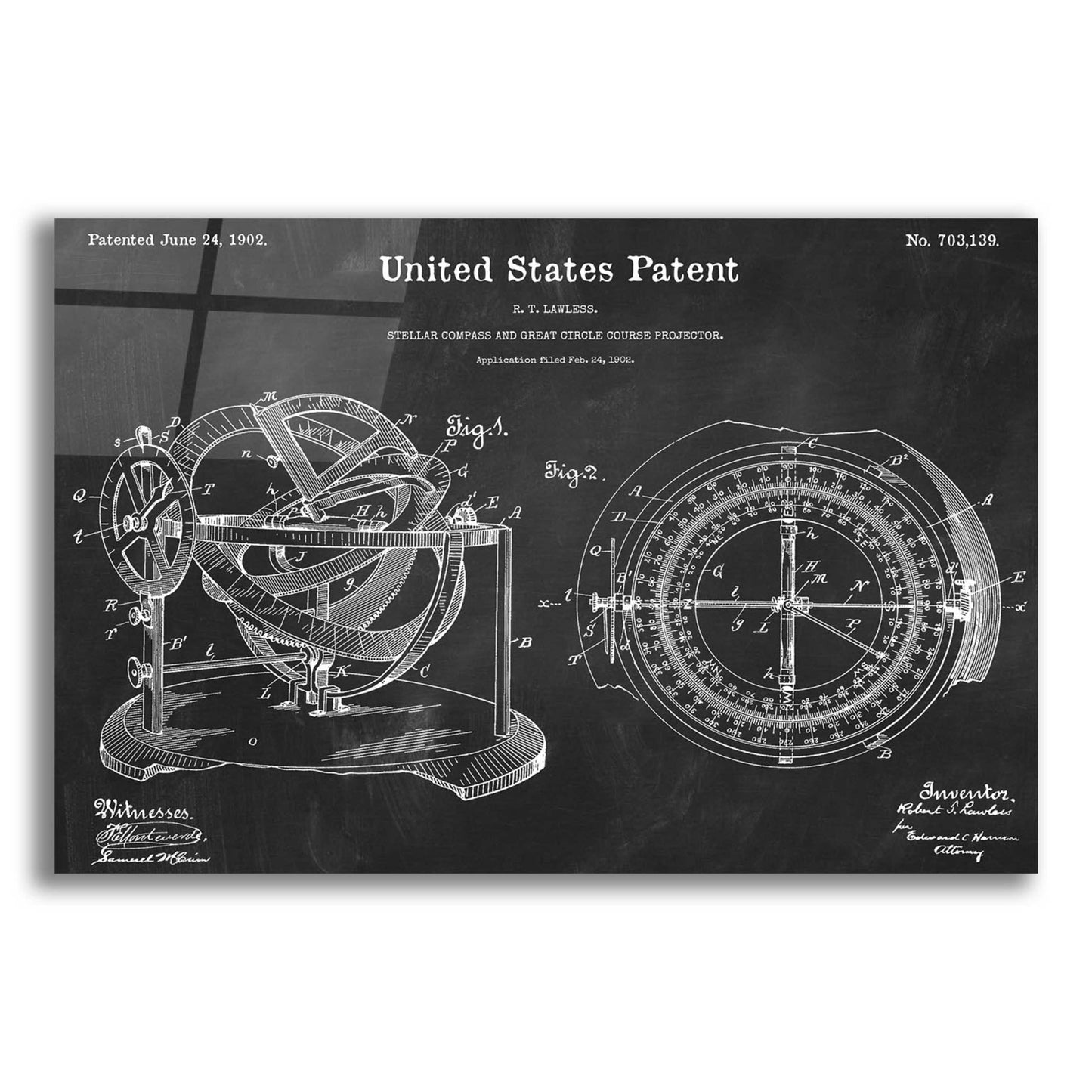 Epic Art 'Stellar Compass Blueprint Patent Chalkboard,' Acrylic Glass Wall Art,16x12x1.1x0,26x18x1.1x0,34x26x1.74x0,54x40x1.74x0