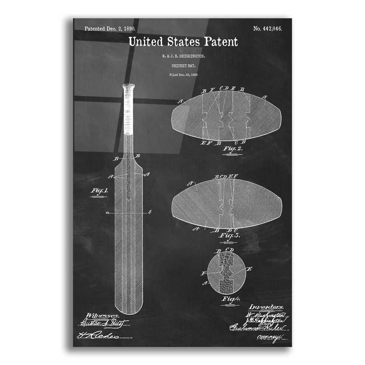 Epic Art 'Cricket Bat Blueprint Patent Chalkboard,' Acrylic Glass Wall Art,12x16x1.1x0,18x26x1.1x0,26x34x1.74x0,40x54x1.74x0