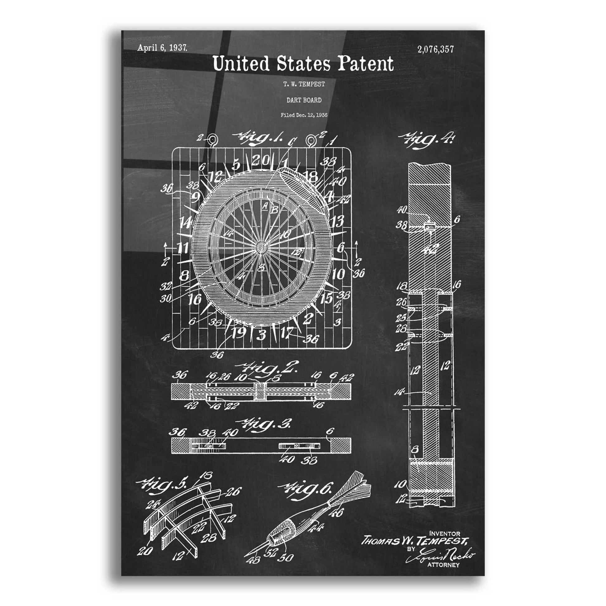 Epic Art 'Darts Game Blueprint Patent Chalkboard,' Acrylic Glass Wall Art,12x16x1.1x0,18x26x1.1x0,26x34x1.74x0,40x54x1.74x0