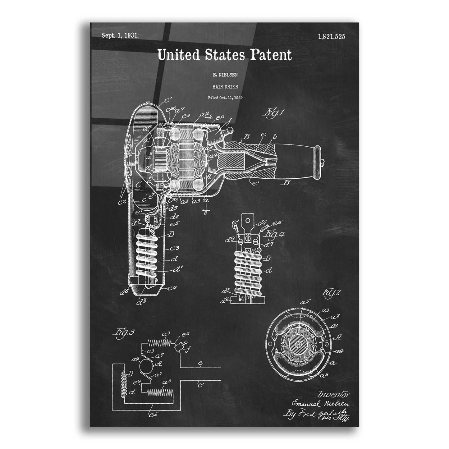 Epic Art 'Hair Dryer Blueprint Patent Chalkboard,' Acrylic Glass Wall Art,12x16